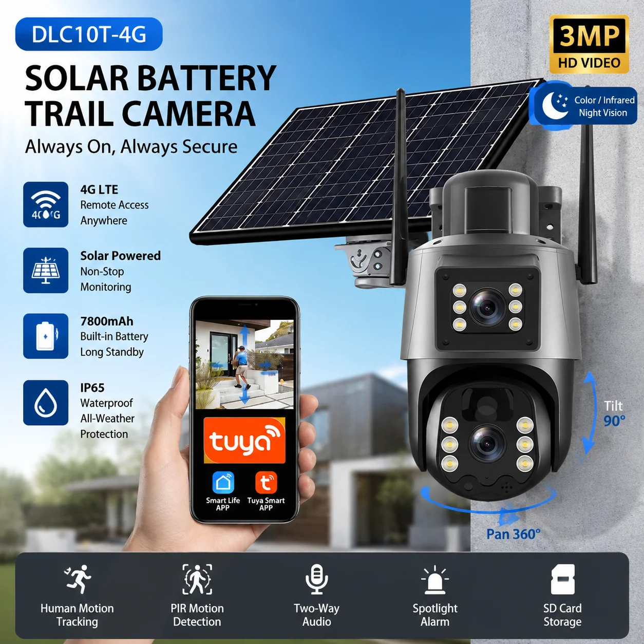 DLC10T-4G Tuya 4G Solar Dual Lens PTZ Camera 6MP IP66 Waterproof Outdoor WiFi Security Cam with Two-Way Audio And Human Tracking