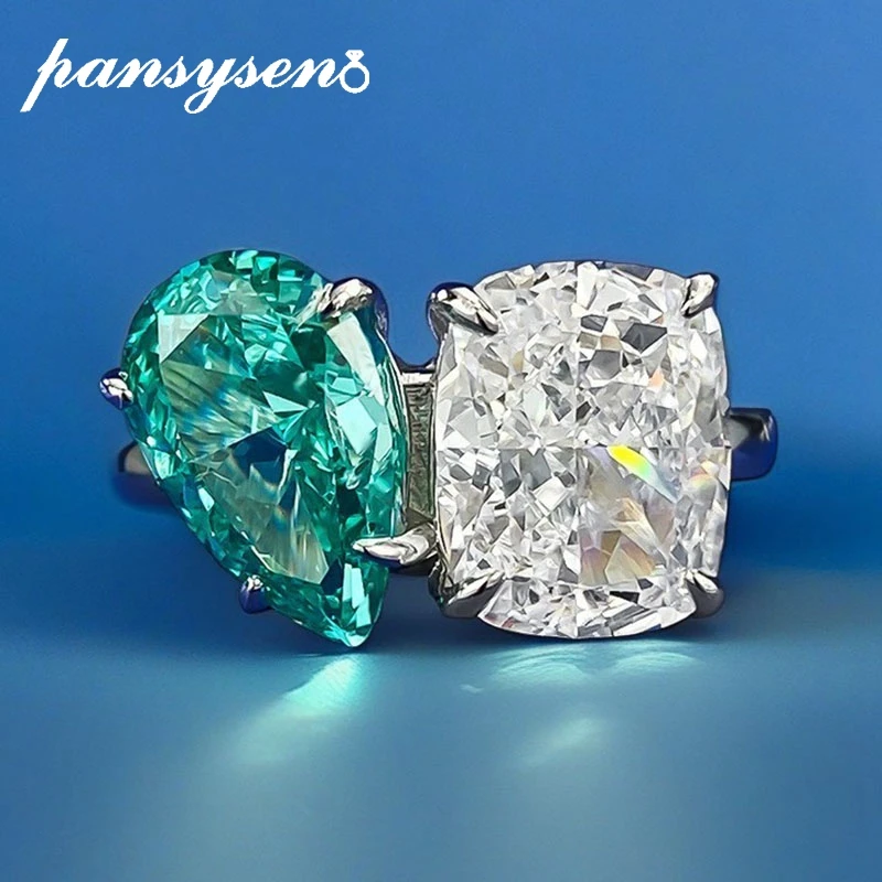 PANSYSEN Trendy 925 Sterling Silver 7*11MM Crushed Ice Cut Paraiba Tourmaline Gemstone Ring for Women Wedding Party Fine Jewelry