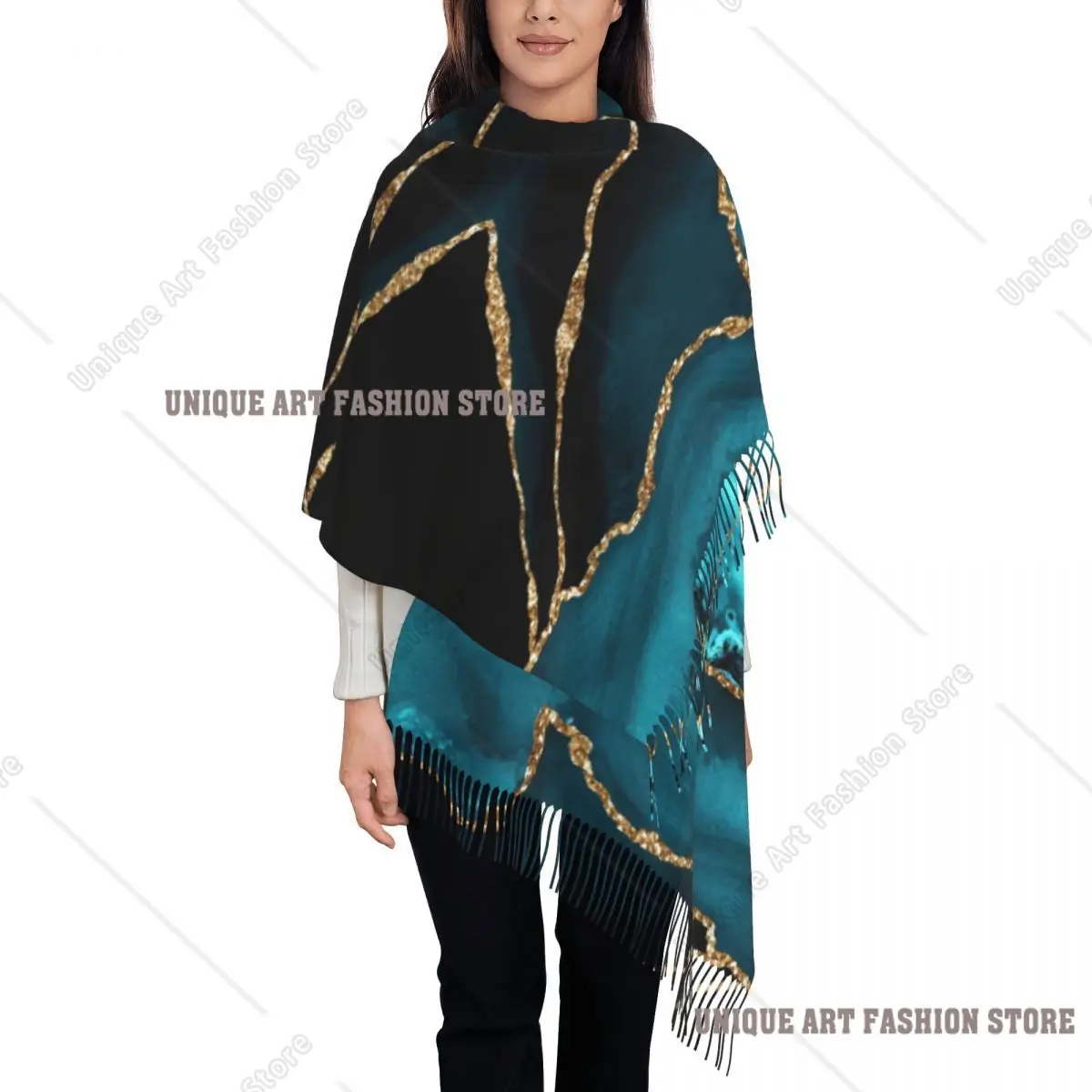 

Stylish Teal Blue And Gold Hues Marble Agate Tassel Scarf Women Winter Fall Warm Shawls Wraps Female Geometric Modern Scarves