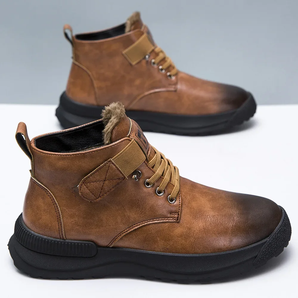 Botas masculinas de veludo de cano alto e acolchoadas retrô de sola macia, sapatos quentes de algodão, ferramentas, ao ar livre, inverno