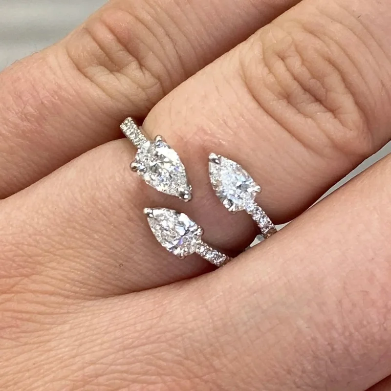 CAOSHI Women Three Pear Shape Zircon Open Ring Silver Color Pave Clear CZ Adjustable Statement Finger Ring Wedding Party Jewelry