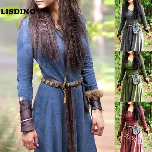 Imagen 1 del producto LisdinoMedieval vestido de mujer de manga larga Maxi bata Vintage Hada Elven vestido renacentista celta vikingo gótico Cosplay disfraces