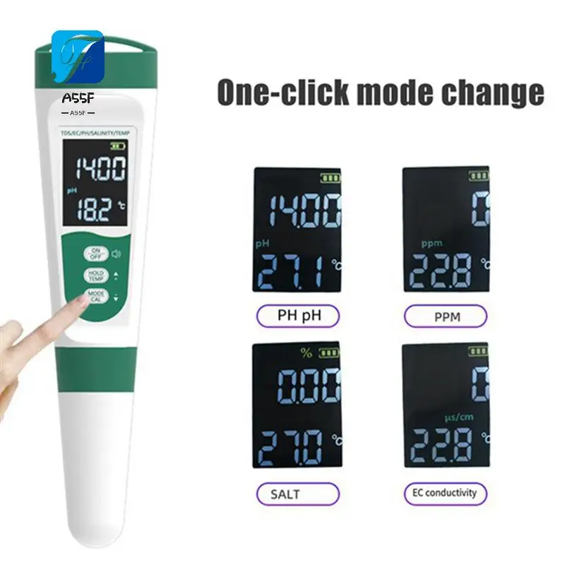 

A55F-5-In-1 Water Quality Test Pen Voice Model EC Acidity Ph Meter Tds Salinity Meter Water Quality Tester Without PH Powder