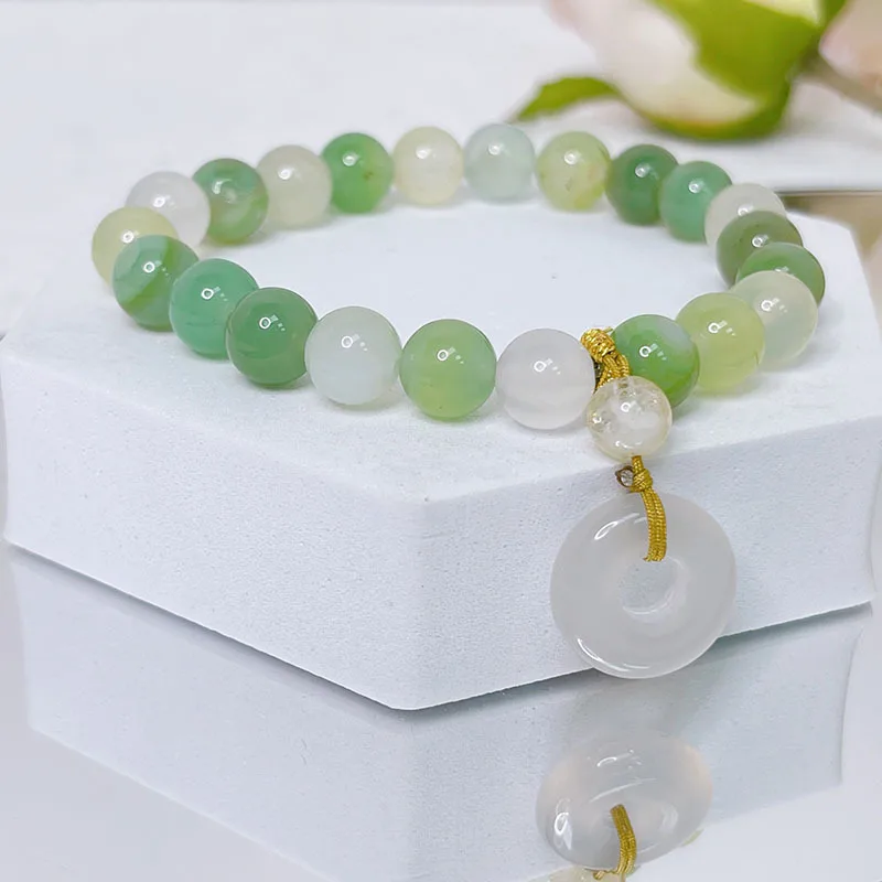 Vintage Round Chalcedony Charm Natural Green Agate Beaded Strand Stretch Bracelets for Women Fine Jewelry Accessories YBR745
