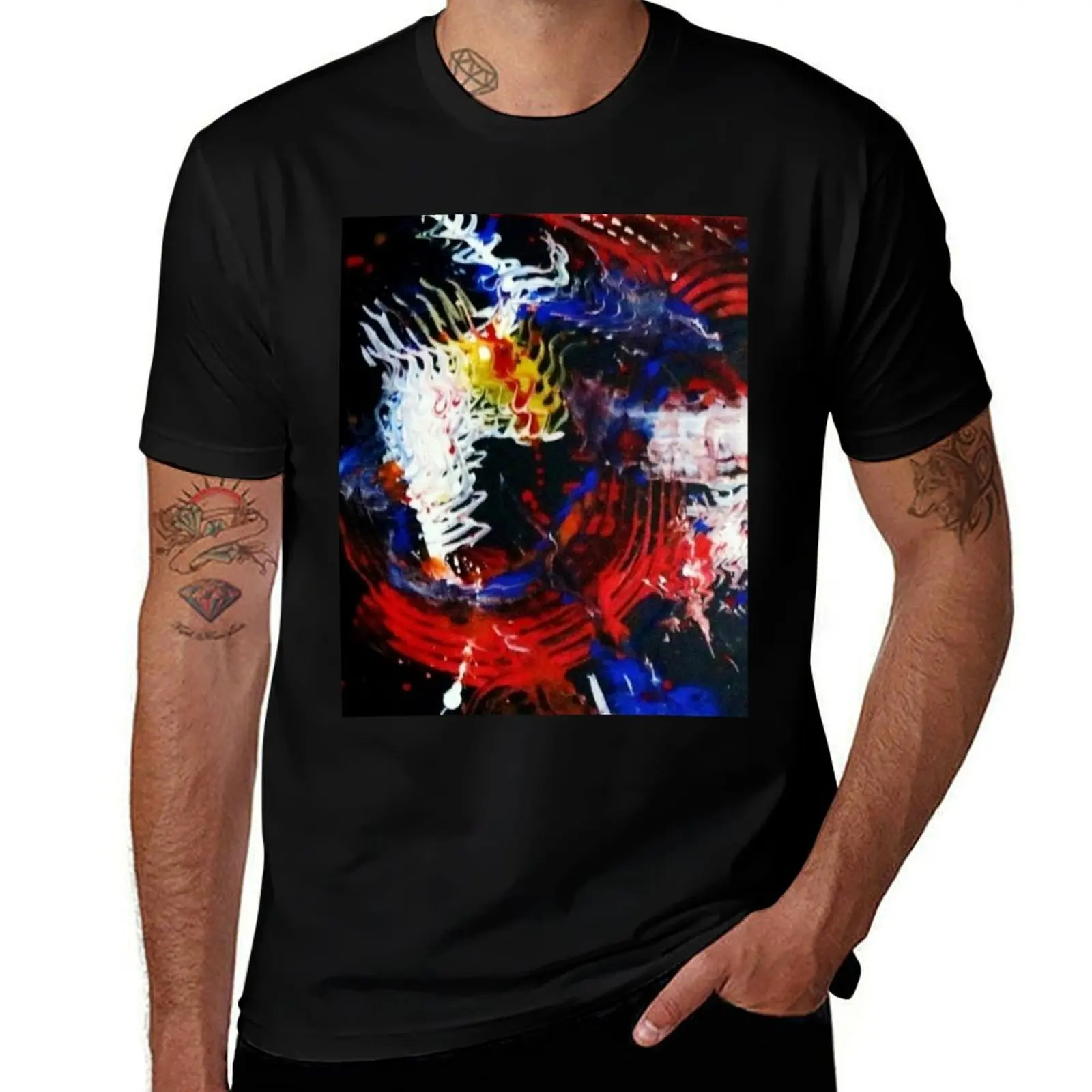 

Joy abstract acrylic painting, red, blue, white, black, yellow T-Shirt anime t shirts for man anime tshirt