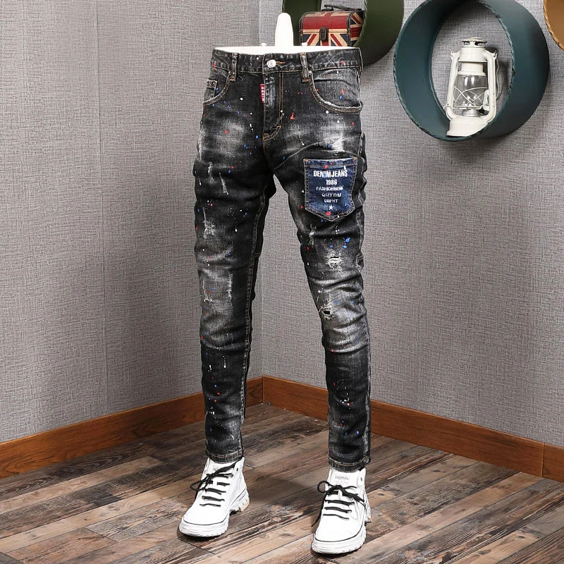 Fashion Streetwear Men Jeans Retro Black Gray Elastic Slim Fit Ripped Jeans Men Spliced Designer Embroidery Hip Hop Denim Pants