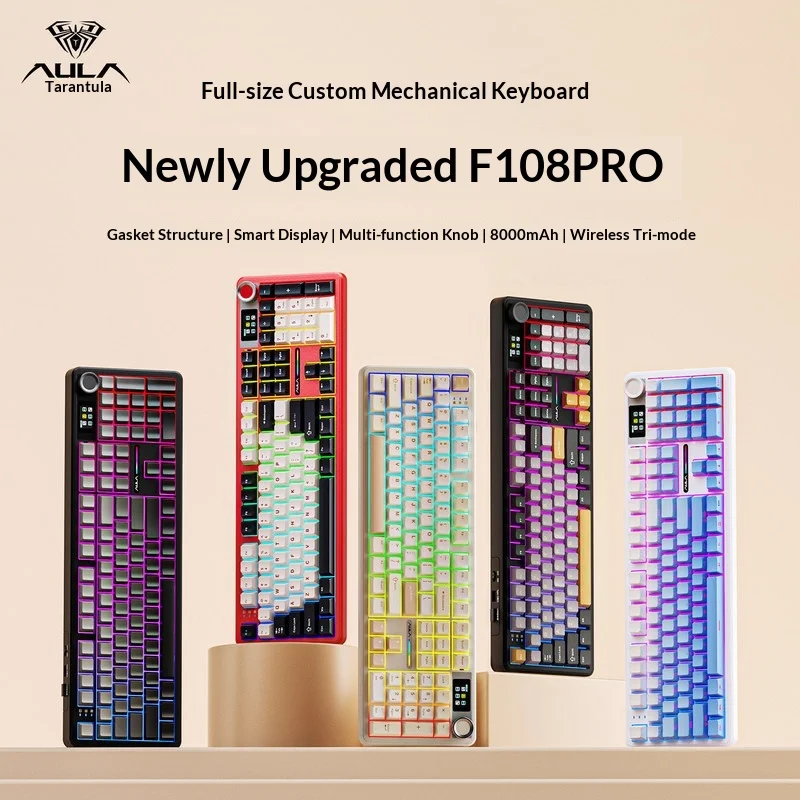 F108pro Aula Mechanical Keyboard 1 14 Inch Smart Screen Side Printed Gradient Custom Tri Mode 2 4g Wireless Bluetooth Rgb Gaming