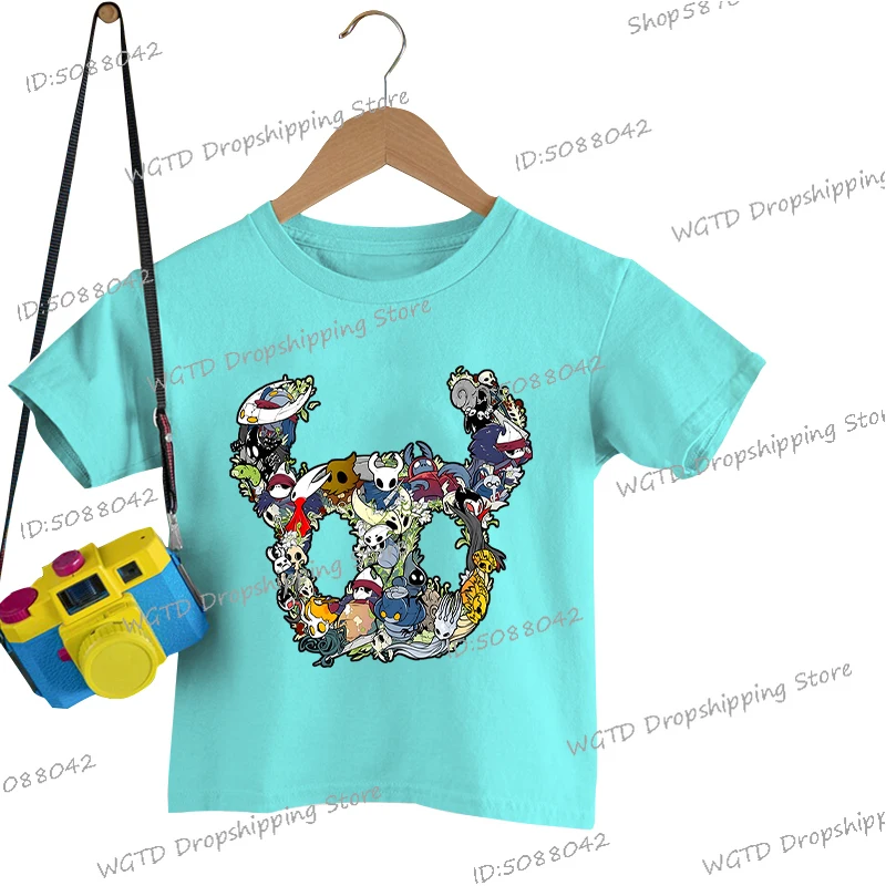 2025 الصيف الكرتون الجوف فارس مطبوعة 5-13 سنة تي شيرت بنين بنات مضحك لعبة الجوف فارس Silksong الأطفال Y2K بلايز تيز