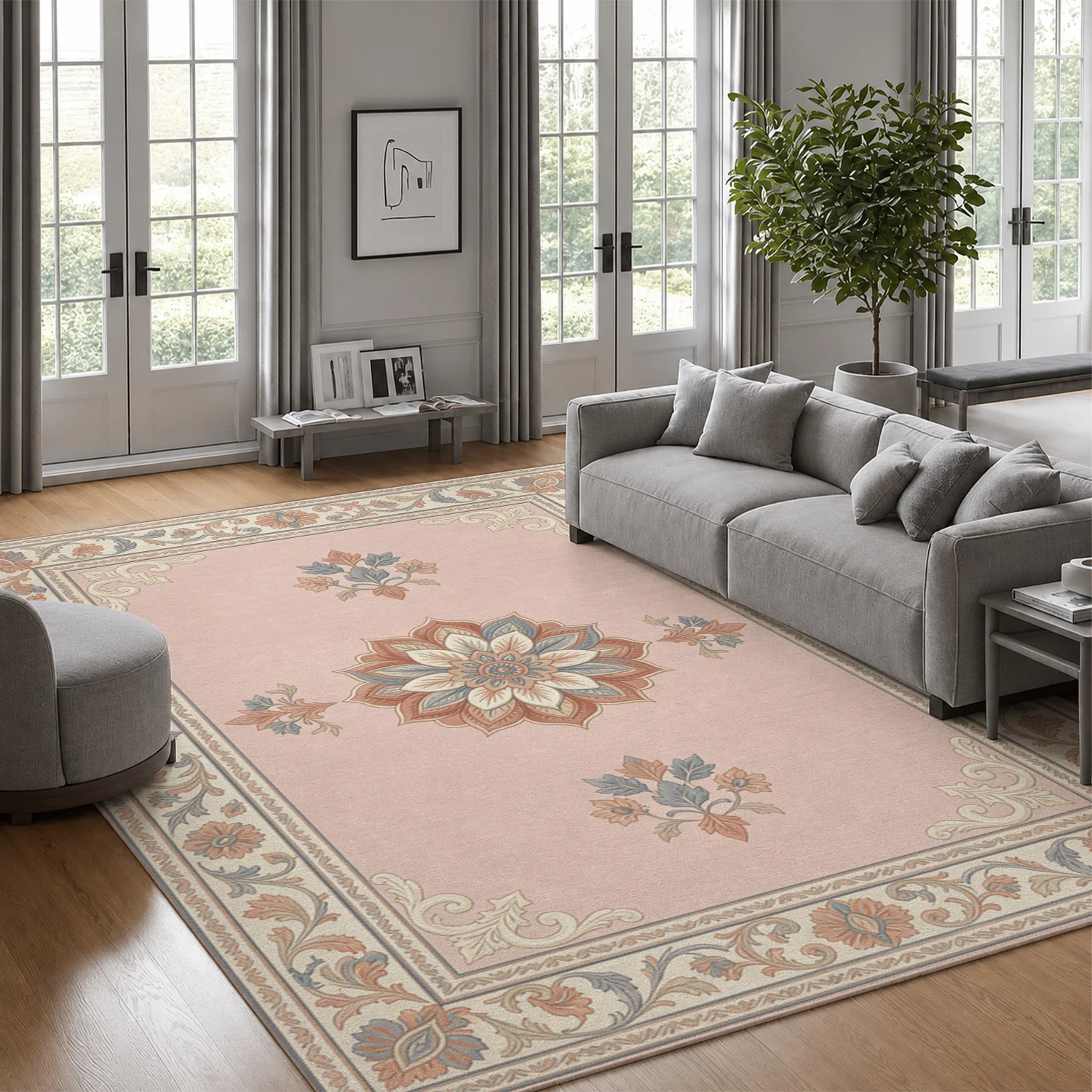 Ornate Traditional Floral Medallion Area Rug, Soft Velvet Material, Machine Washable, Suitable for Living Room, Dining Room, Bedroom, Home Office, Perfect Decor for Halloween, Thanksgiving, Christmas, New Year Events