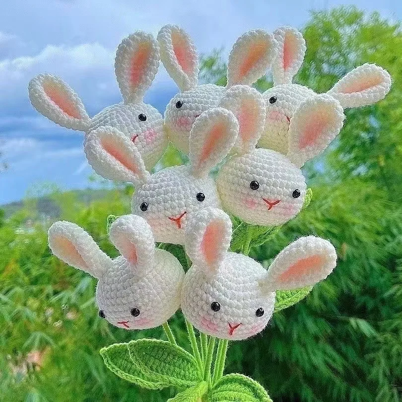 Handmade Knitted Artificial Cartoon Animal Rabbit Panda Wool Crochet Flower Bouquet Gif For Women Kids Children Wholesales 2024