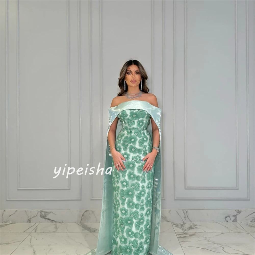 Customized Satin Flower Beading Ruched Cocktail Party A-line Off-the-shoulder Bespoke Occasion Gown Long Dresses