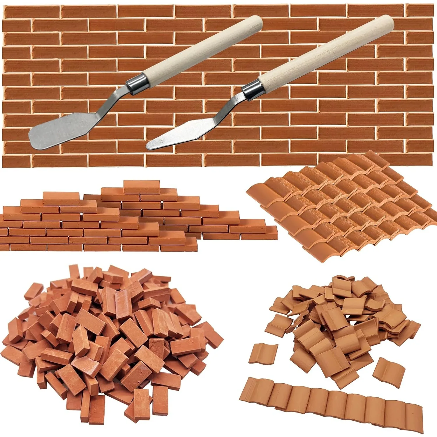 

222PCS Mini Roof Tiles Wall Bricks Set Miniature Brick Scale Model with Tools Dollhouse for Miniature House Building Grey/Red