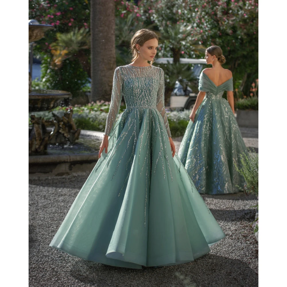 Exquisite Prom Dresses for Women 2023 Fashion Scoop Neckline Long Sleeves Sequined Tulle Evening Gown Luxury A-Line Party Dress