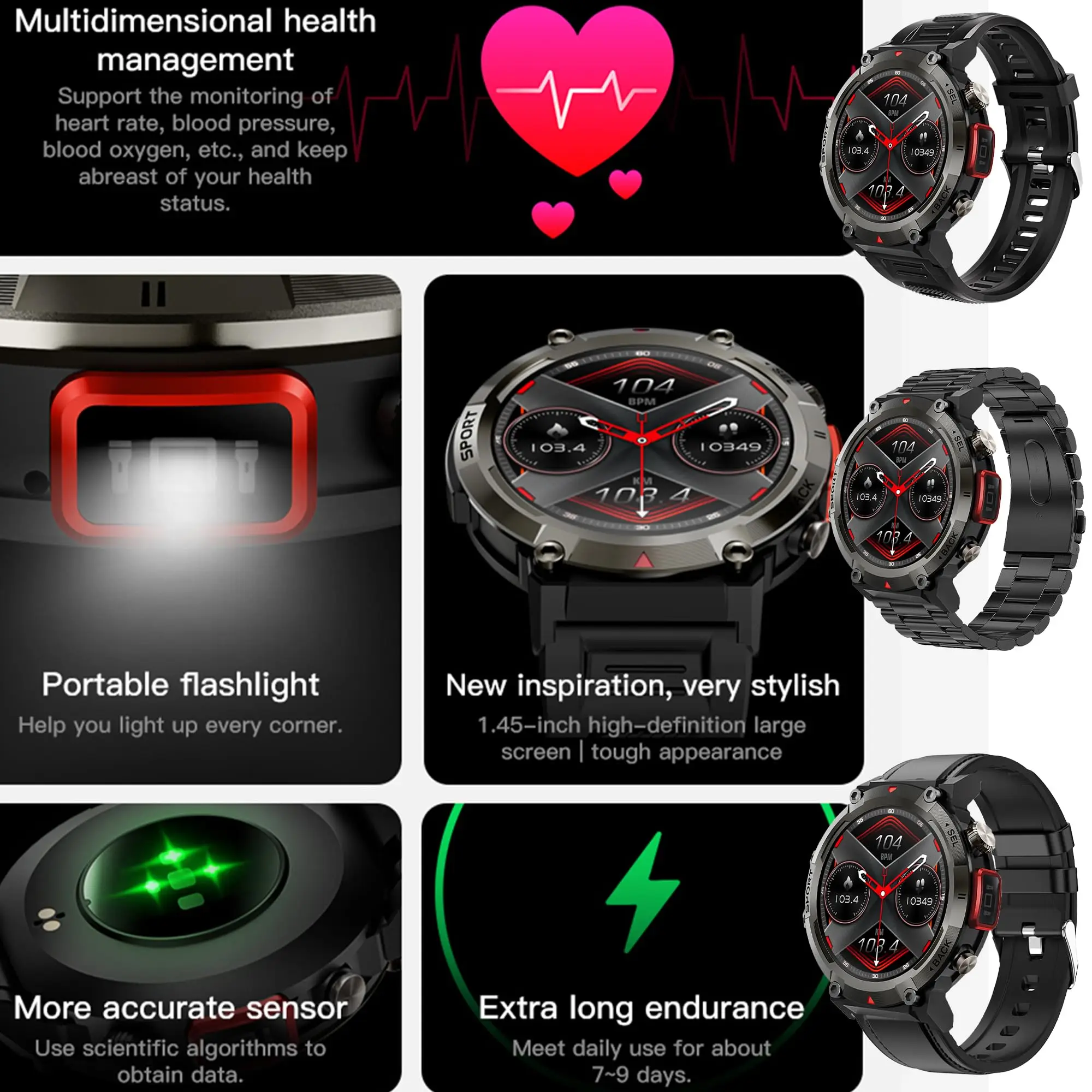 LED Flshlight Smart Watch for Women and Men, 1.45'' HD Screen Fitness Tracker with Heart Rate/ Pressure Monitor/ 100+Sports