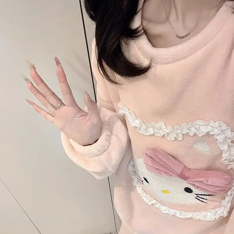 مرحبا كيتي لطيف المرجان المخملية منامة الجلباب الشتاء المخملية سميكة الفانيلا منتصف طول مقنعين ثوب النوم مجموعة ملابس المنزل