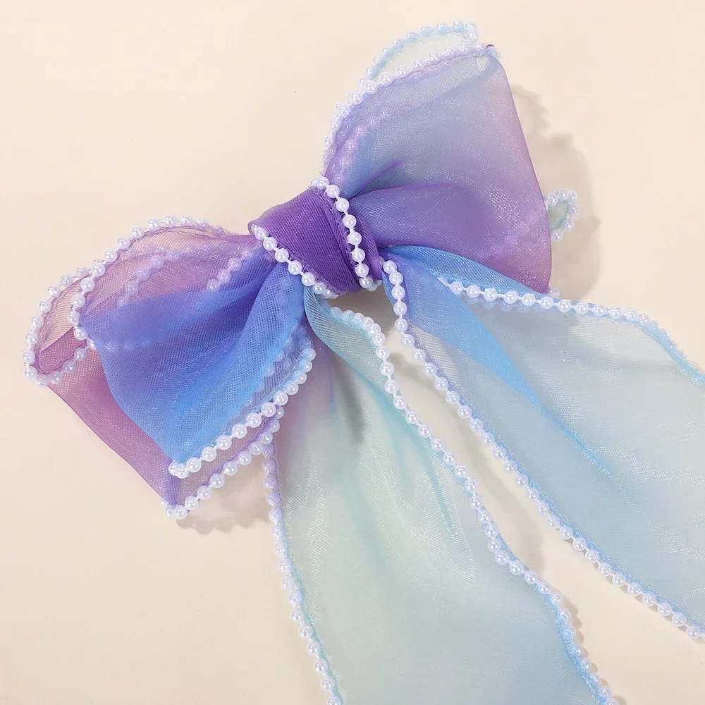 

Girls Cute Elegant Bow Ribbon Hair Clip with Bordered Bead Tassel Crystal Decoration Colorful Chiffon Headwear for Party Kids