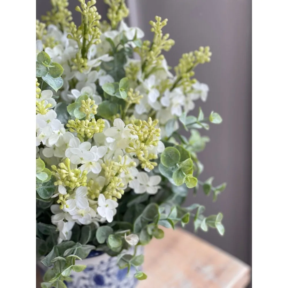 Gedroogde Bloemen, Boerderij, Cottage-Stijl Het Hele Jaar Door Tafelblad Witte Lila En Zachtgroene Eucalyptus, Gedroogde Bloemen