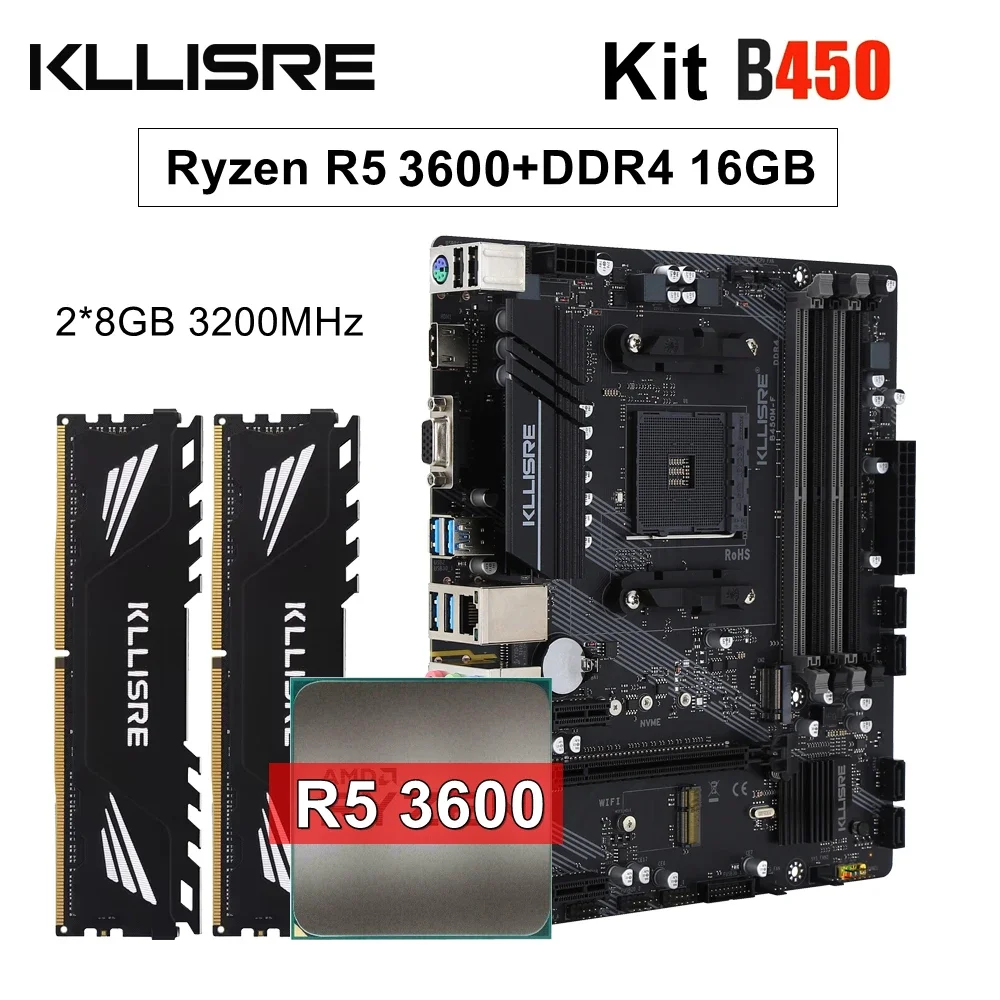 Kllisre B450 Kit amd ryzen With 5 R5 3600 cpu DDR4 16GB (2x8GB) 3200MHz memory B450M AM4 motherboard