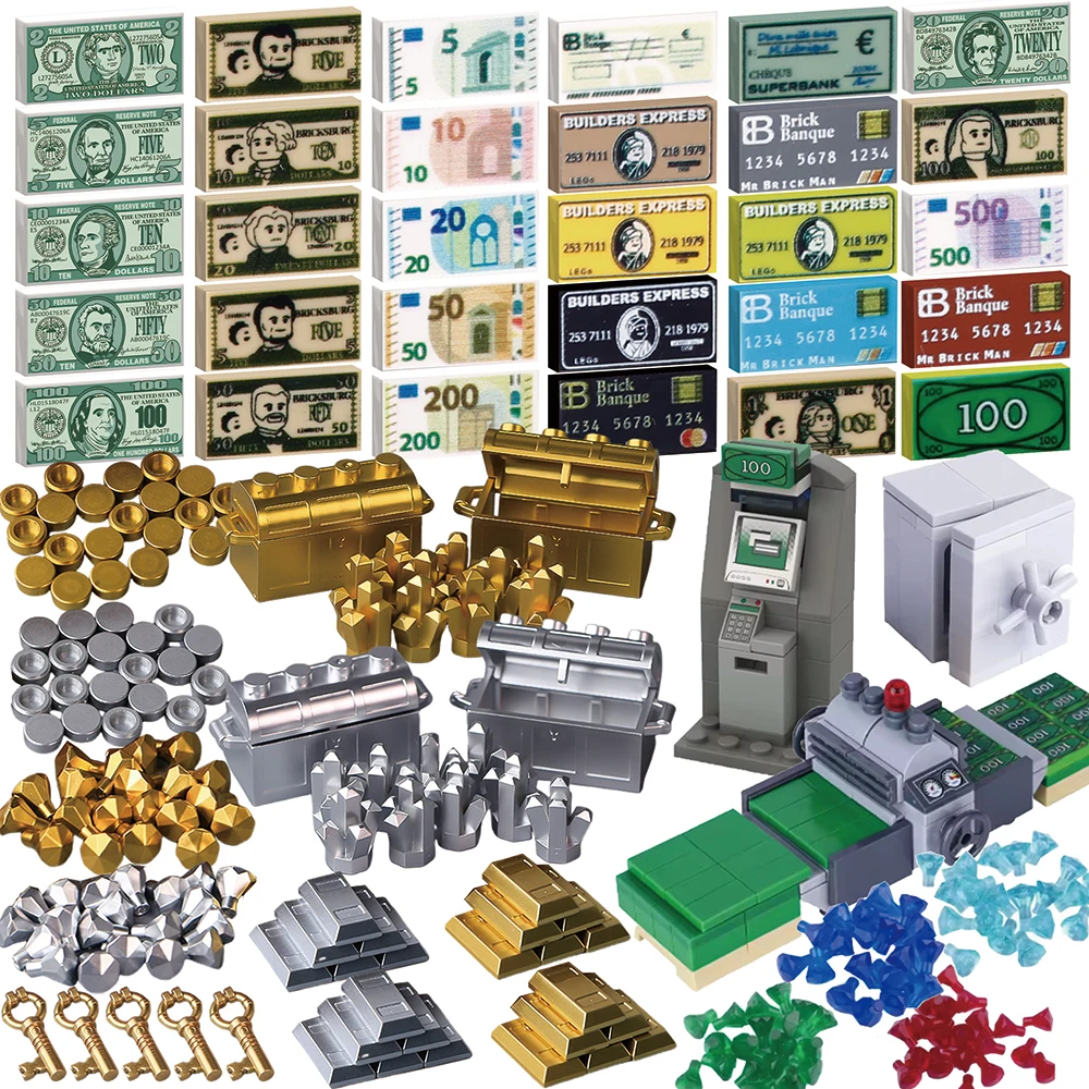 

Dollar Euro Building Blocks Money Printed Tiles Bank Card Diamond Pirate Precious Deposits Treasure Hunting Map Bricks Toys Gift