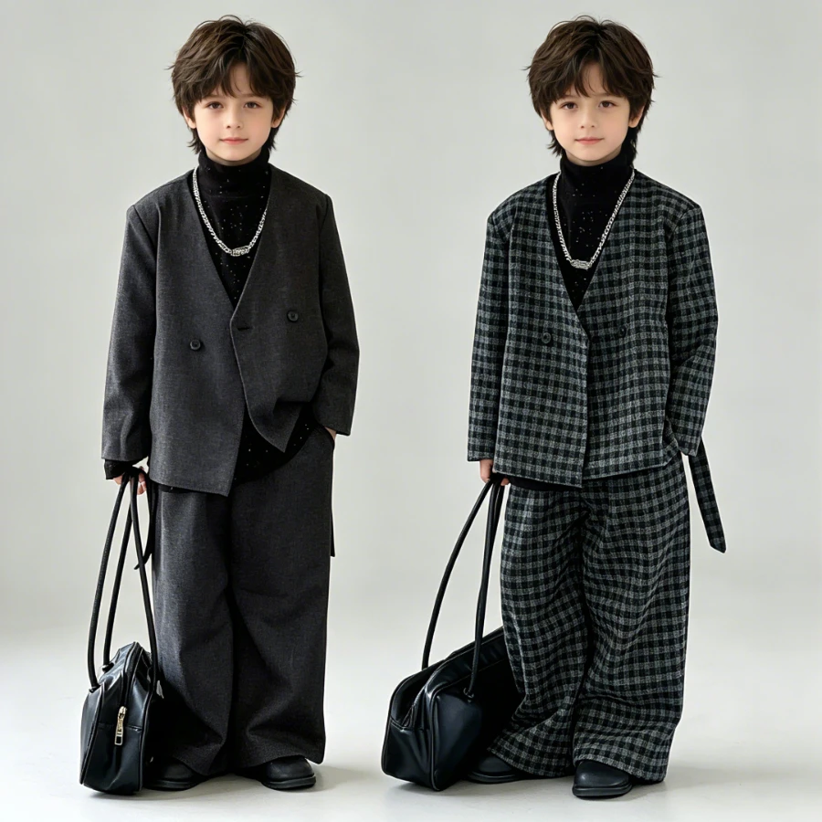 

Boys Plaid Blazer Pants Set V-Neck Double Breasted Gentleman Outfit for Kids Wedding Birthday Party Holiday Performance Costume