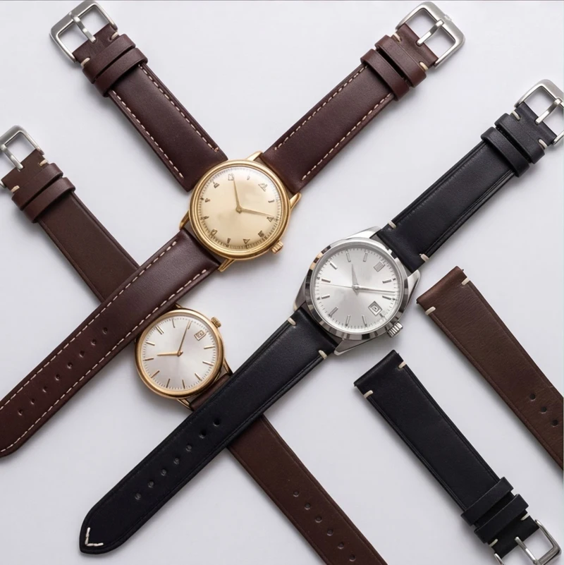 Compatible 22mm Men's Quick-Release Genuine Leather Watch Strap – Double-Sided Top-Grain Cowhide with Breathable Perforations –