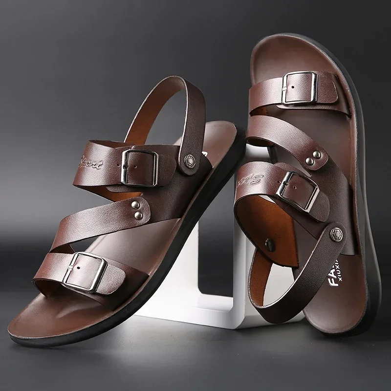 2024 Brand Men Shoes Slip-On Split Leather Soft Men Beach Summer Men Sandals Slippers Flats Flip Flop