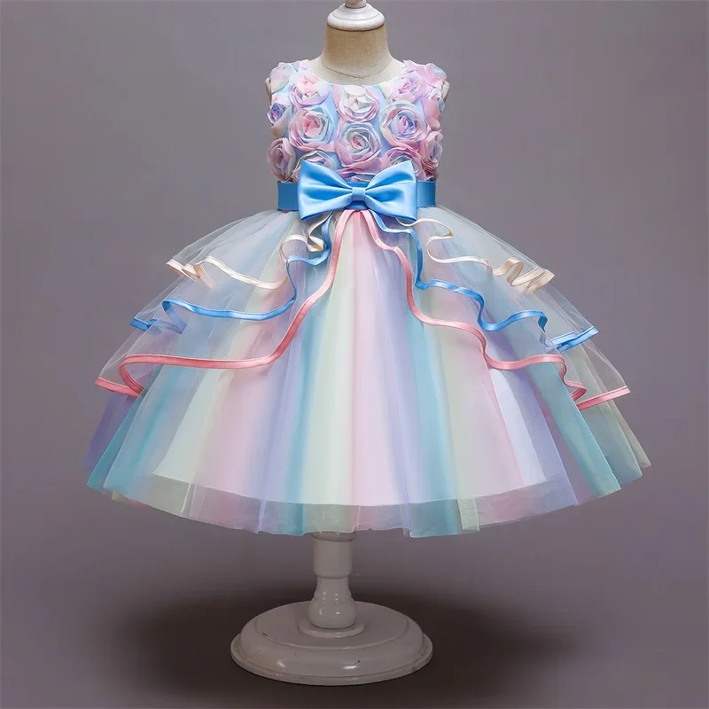 Flower Girl Unicorn Rainbow Wedding Party Dress Girl Birthday Party Unicorn Role Dance Performance Dress Kids Clothing 3-10Yrs