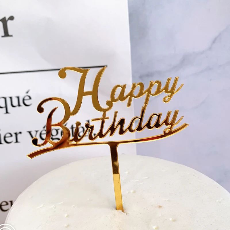 1pcs Gold Acrylic Happy Birthday Cake Topper Supplies Cupcake Baking Cake Insert Decor Birthday Party Decoration Cake Top Flag