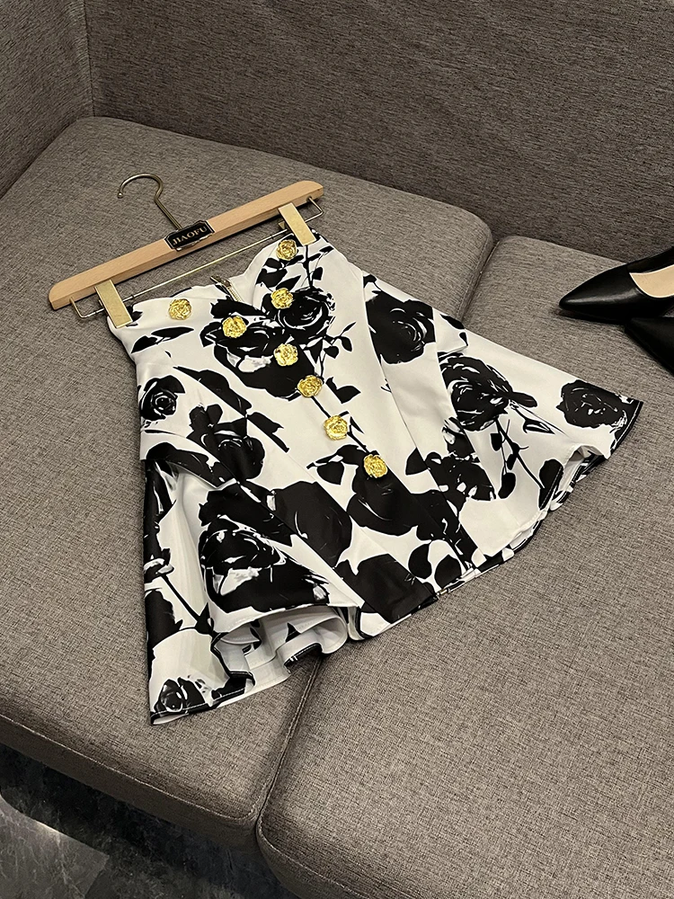 Ele A-lijn rok met metalen blauw printontwerp Celebri Tulp taille Rose Flower f-lengte rok JF