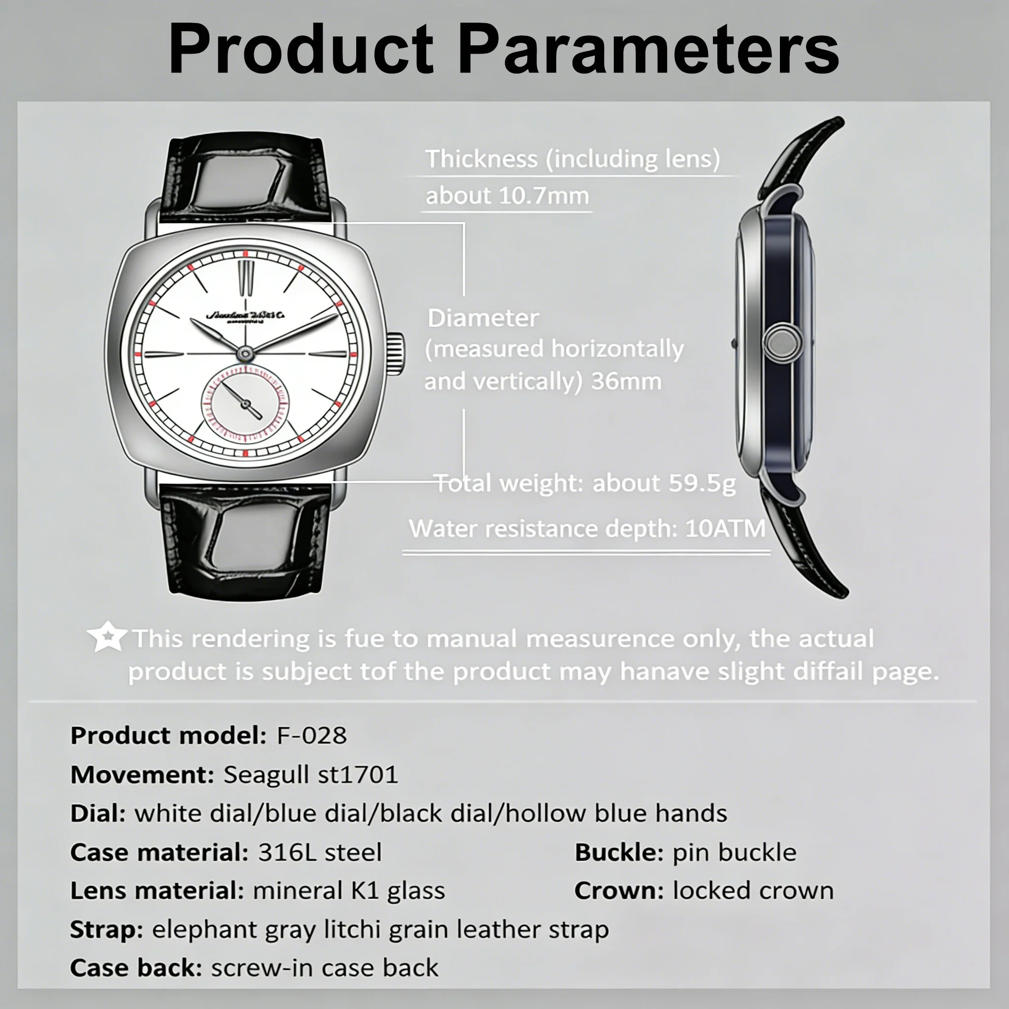 Hruodland 2026 NEW Men's 36mm Square Automatic Watch 10ATM Waterproof Seagull ST1701 Leather Strap Wristwatch F028 reloj hombre