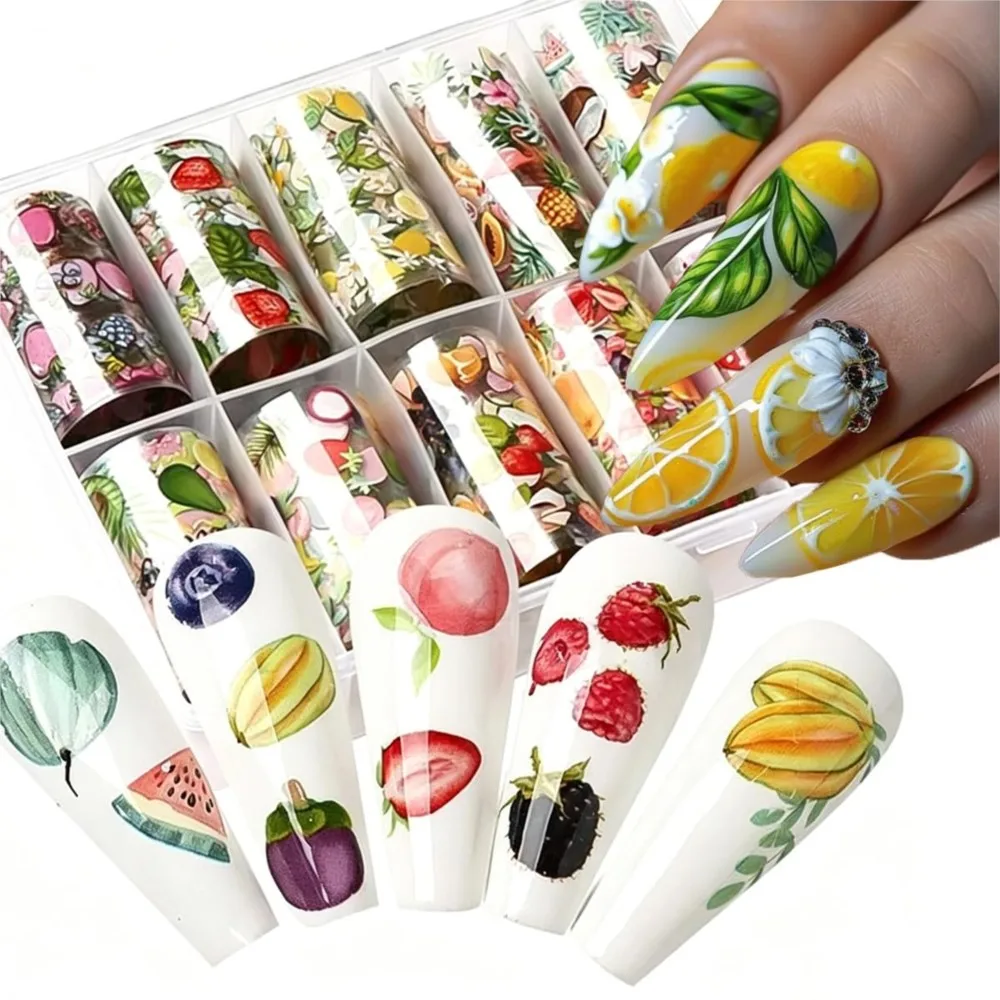 

10rolls Summer Fruit Foil Transfer Nail Stickers Lemon Strawberry Peach Nail Decals Starry Sky Paper Manicure Slider Decora &E37