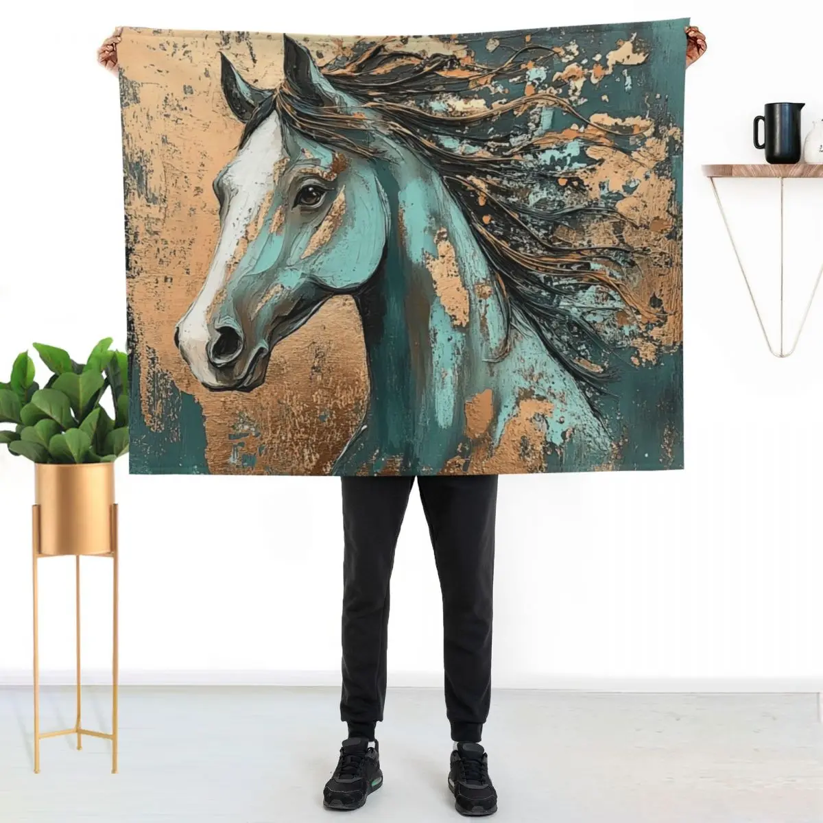Teal and Copper Horse Throw Blanket Nap blankets and throws Sofas warm winter Shaggy Blankets