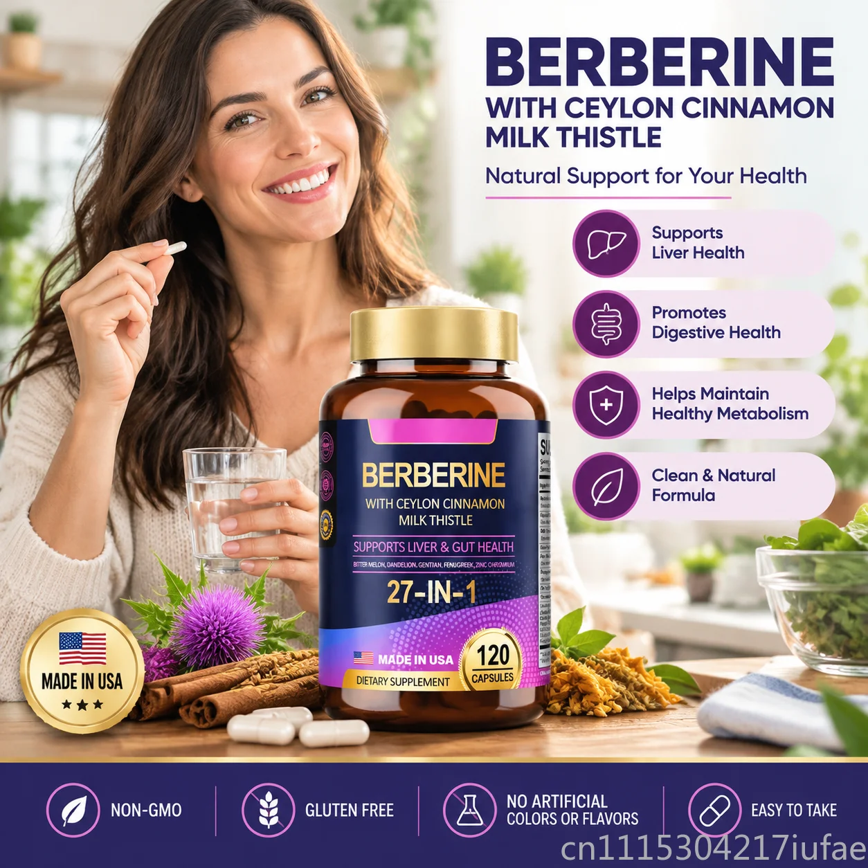 Berberine 27-in-1 Capsules with Ceylon Cinnamon Milk Thistle Liver Gut Health 120 Caps Supplement