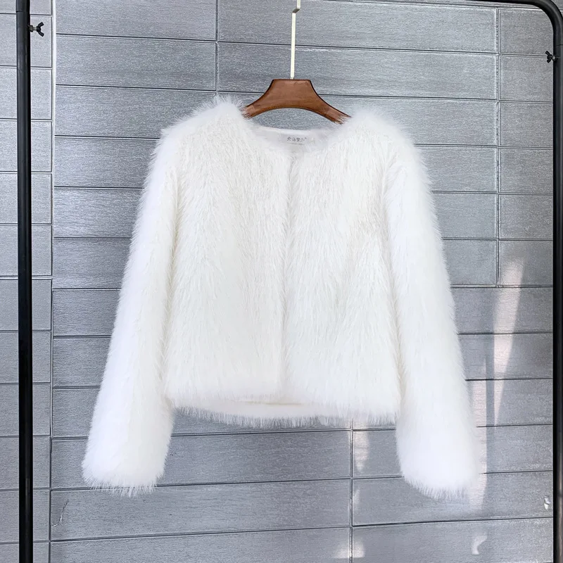 Women Imitation Faux Fur Coat Solid Color Plush Warm Jacket Loose Slim Fit Long Sleeve Thick Cardigan High Street 2023 Autumn