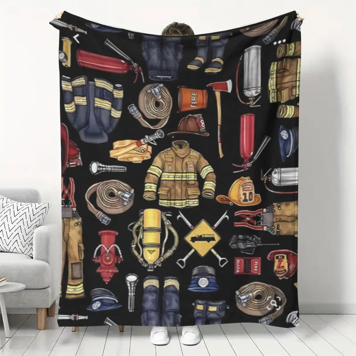 Firefighter Gear Equipment Pattern Print Flannel Blanket Soft Lightweight Throw Blanket For Sofa Bed Bedroom Fireman Home Decor