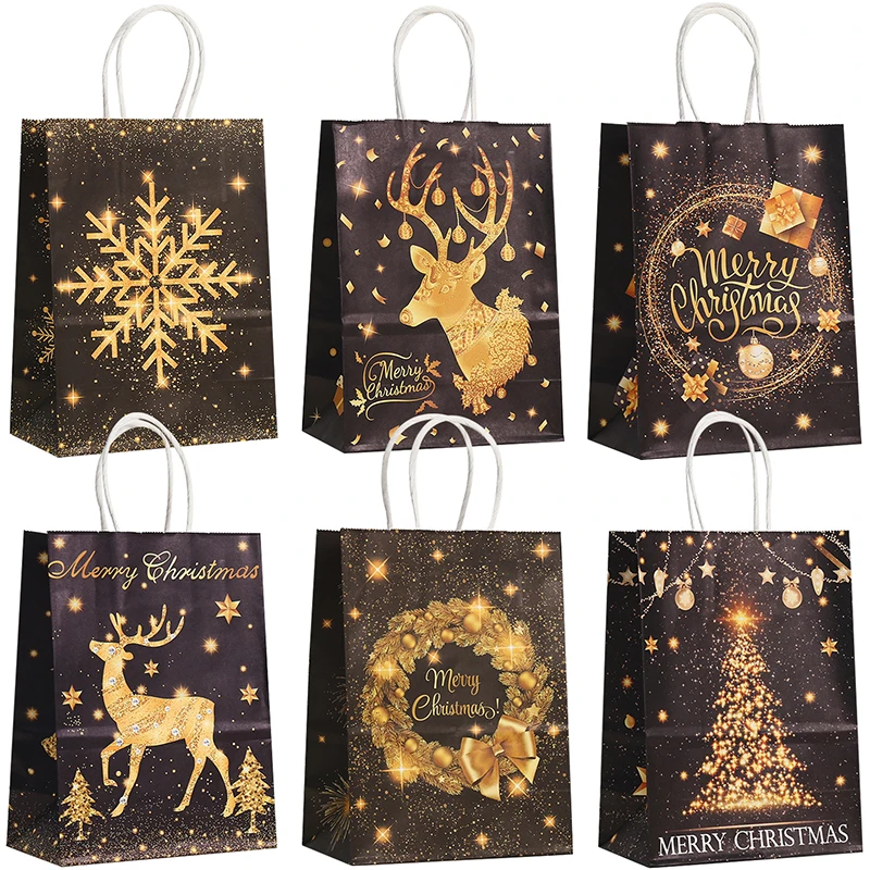 

6pcs Kraft Paper Christmas Bag Black Handbag Gold Snowflake Elk Garland New Year Gift Candy Packaging Bags Xmas Party Supply