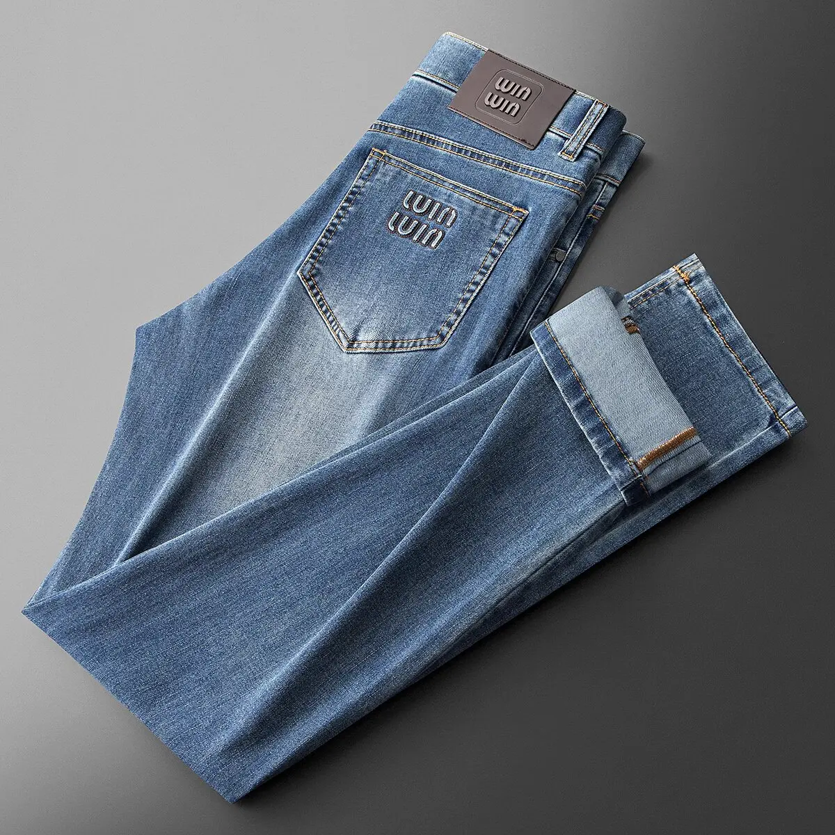 

Summer high-end fashionable thin stretch combed cotton washed blue solid color men's slim straight casual jeans