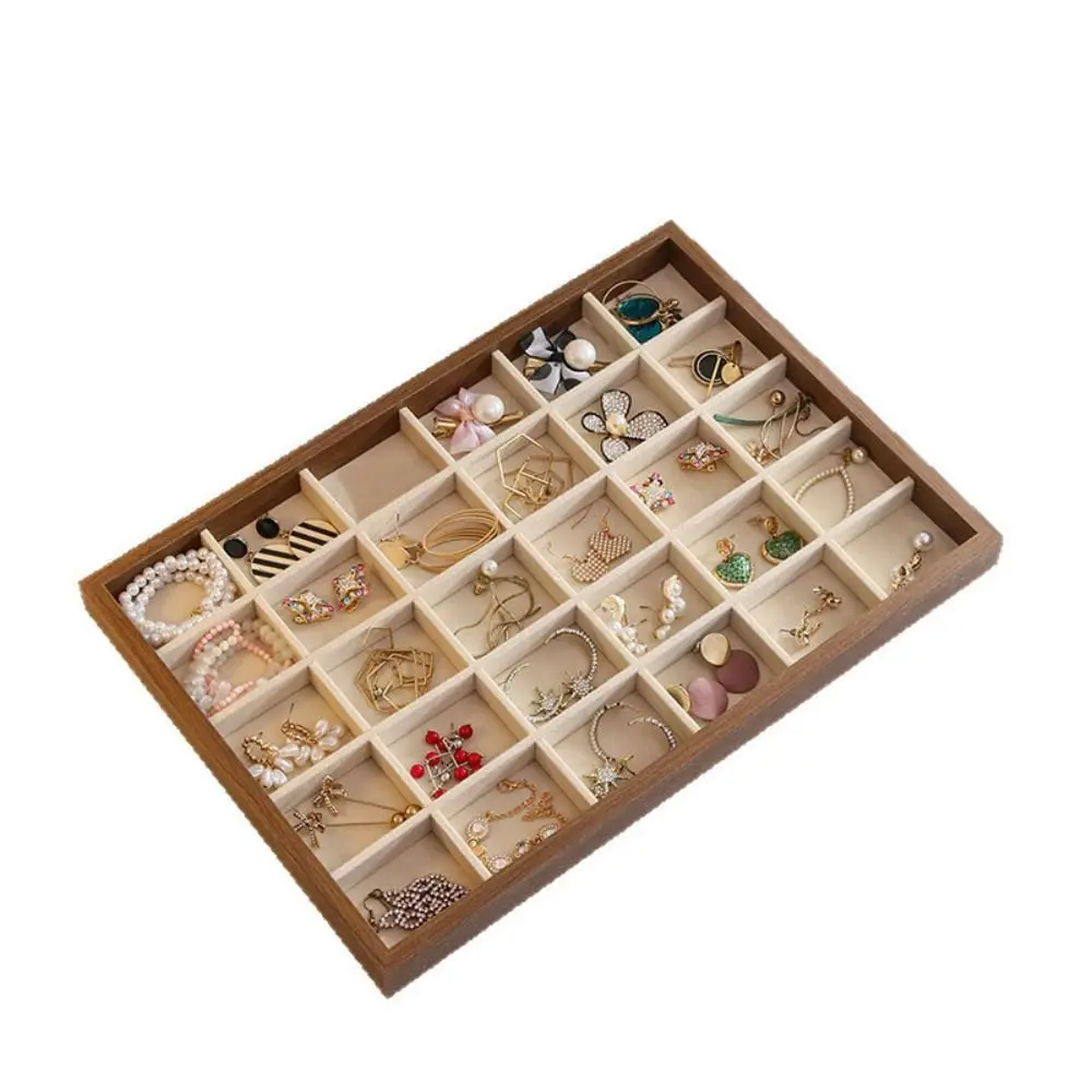 30 grid Wood Grain Jewelry Tray Large Capacity Walnut Wood Jewelry Storage Drawer Velvet Jewelry Boxes Earrings Organizer