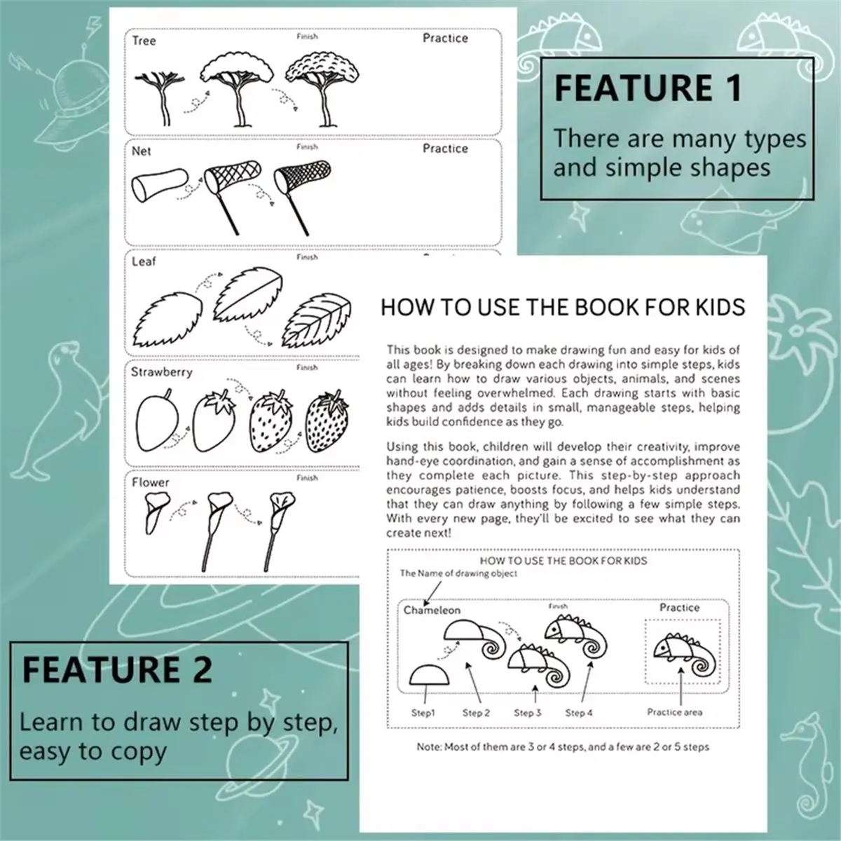 300+ Step-By-Step 1pc Green Drawing Book Art Learning Painting Supplies with Cartoon Dinosaur & Frog Book