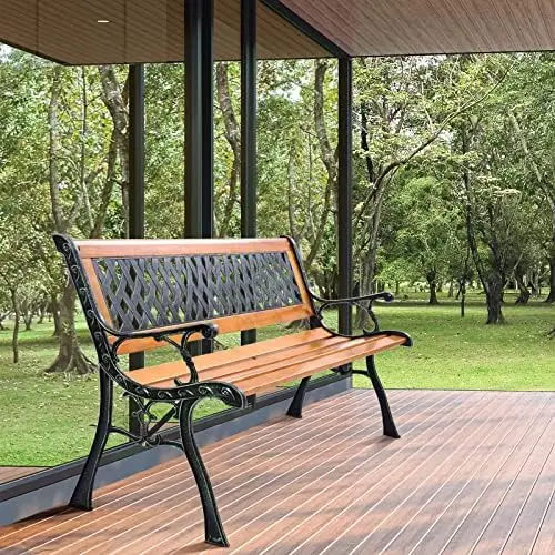 Garden Bench, Pine Park Bench Porch Bench with Diamond Weaving Backrest, 470 LBS Bearing Capacity, Weatherproof Outdoor