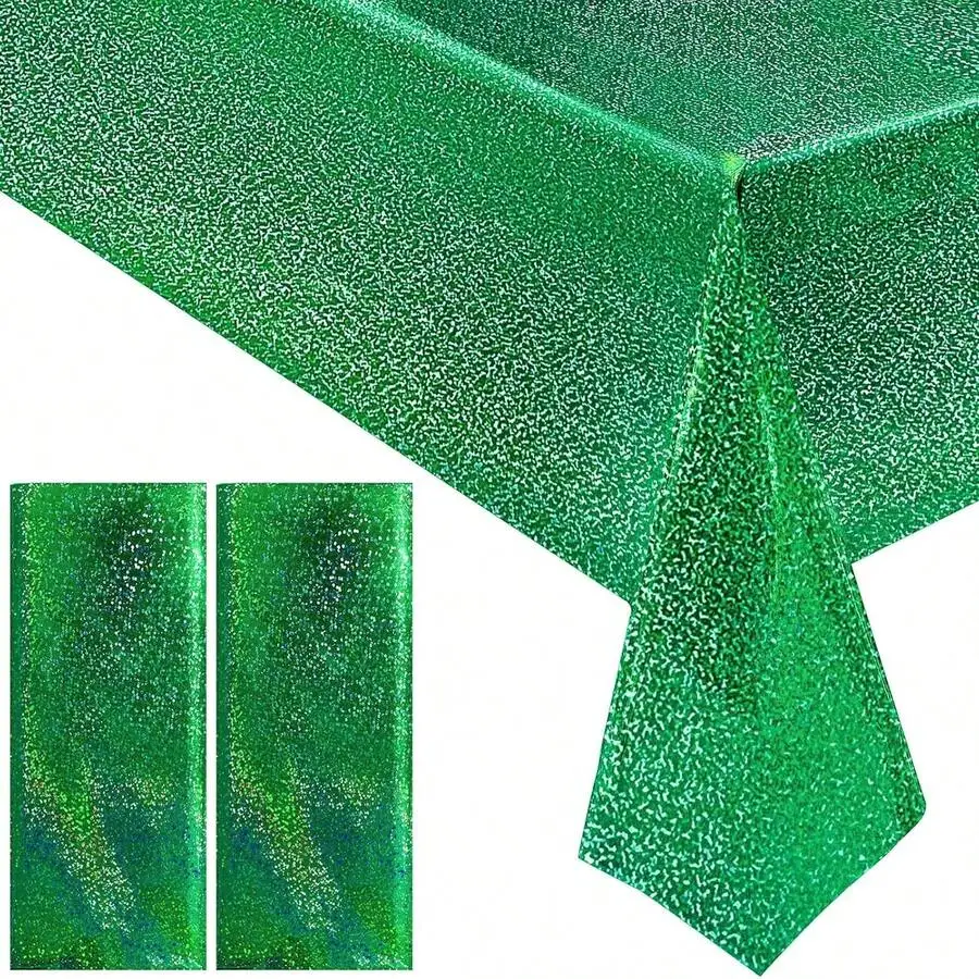 1 Pc Green Holographic Tablecloth, 2 Pcs Light Pink Holographic Tablecloths, Glittering Green Rectangle Disposable Tablecloths 5