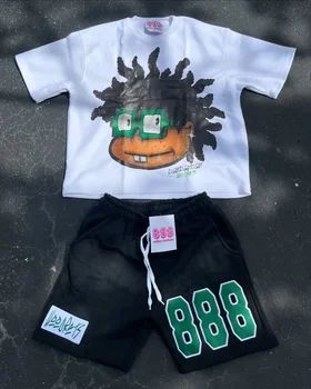 Y2K 남성용 프린트 코튼 티셔츠, 초대형 만화 패턴, 반팔, 스트리트 레트로, 하라주쿠, 루즈한 상의 및 반바지, 여름 신상