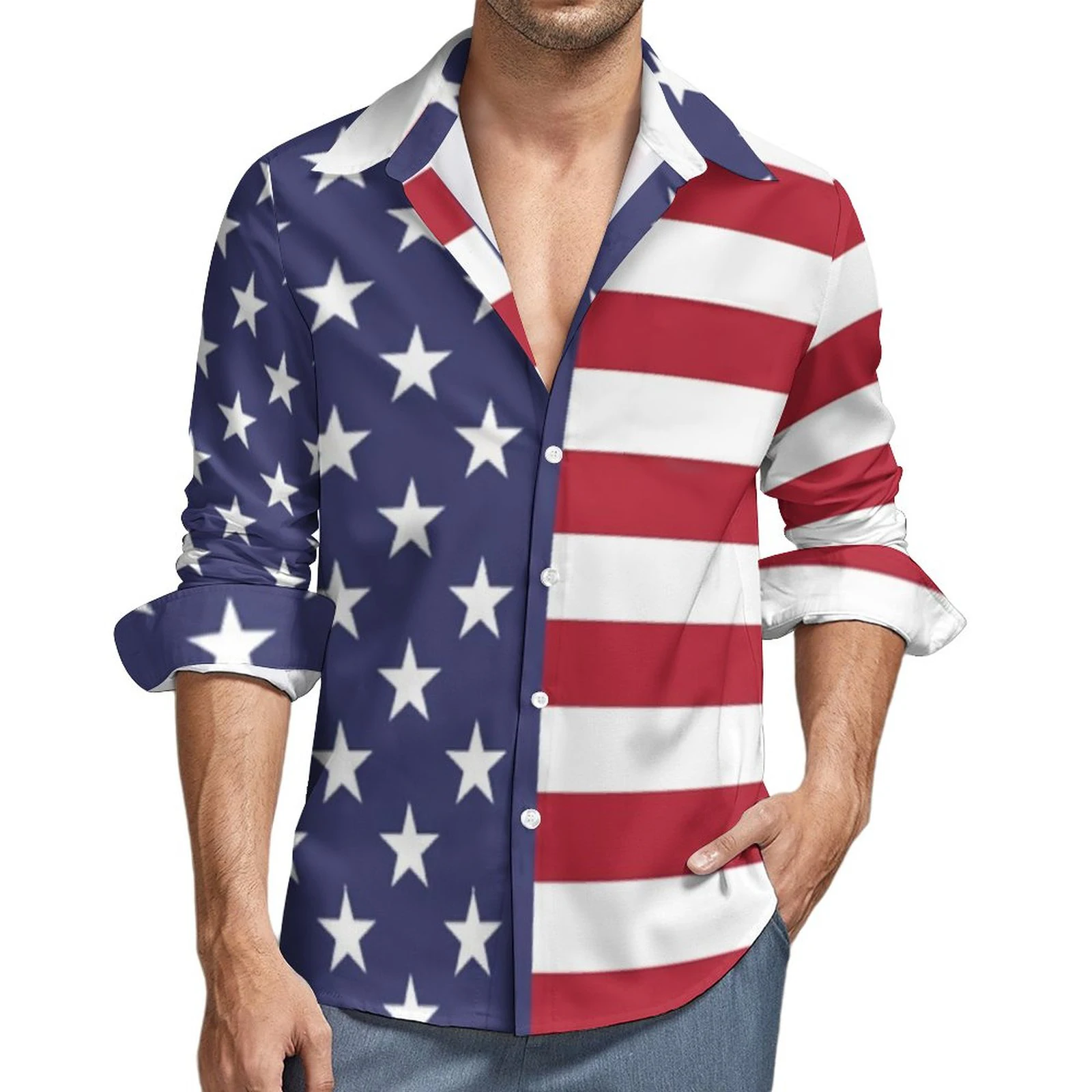 American Flag Printing Casual Shirts Men\'s Star Stripe Flag Shirt Autumn Fashion Shirt Long Sleeve Pattern Plus Size Men\'s Tops