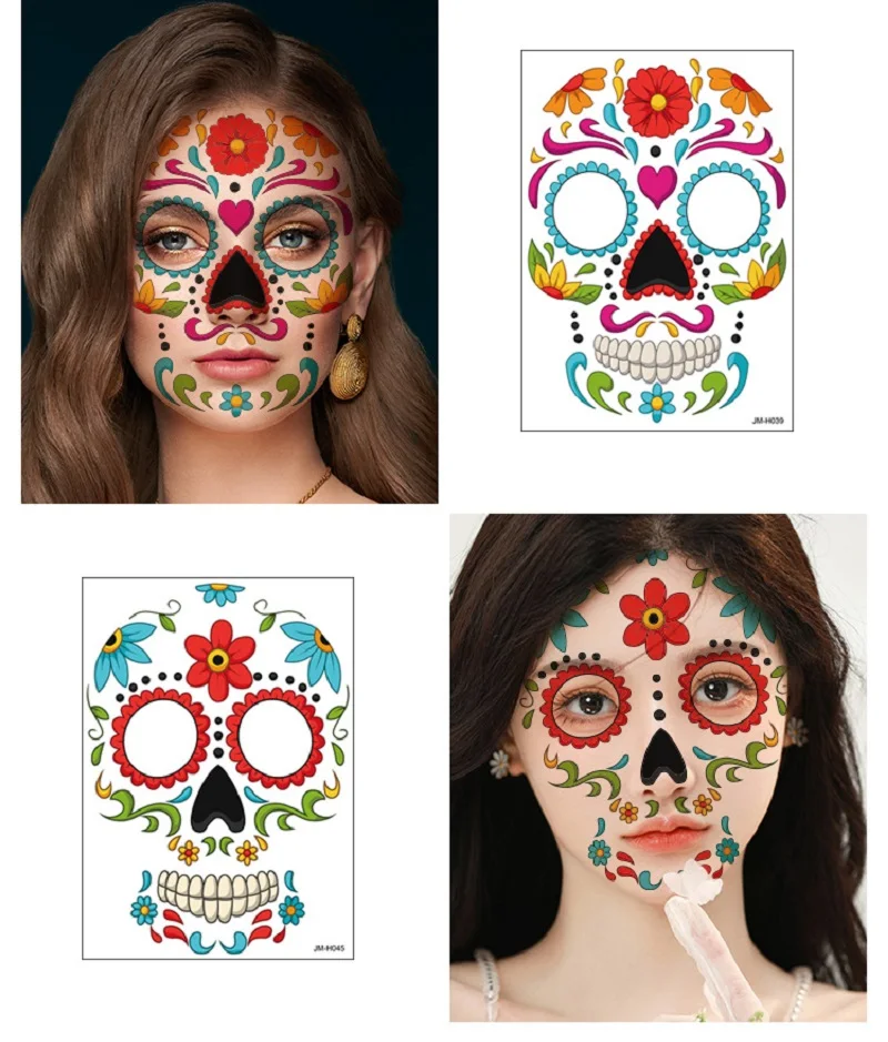 1Sheet Waterproof Sweatproof Day of the Dead Masquerade Spooky Makeup Temporary Stickers Halloween Face Tattoo Stickers