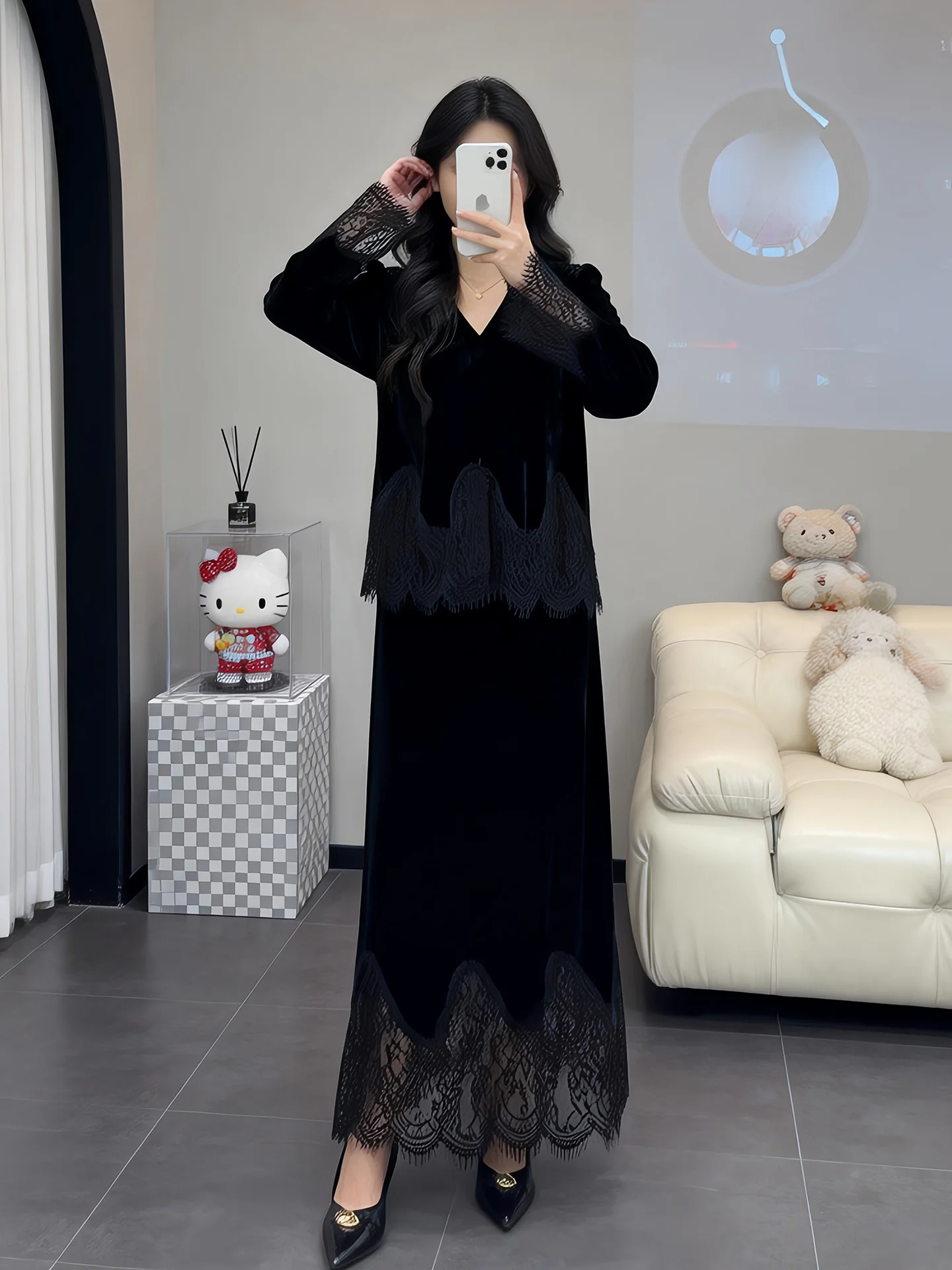 

Velvet Black Chinese Style Splicing Heavy Embroidery Set Dress Spring Autumn Casual Wear for Women 25-35 Years Old
