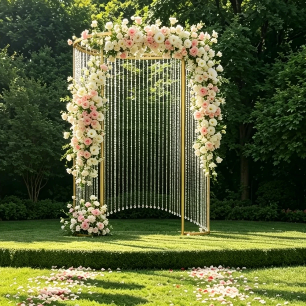 

No light no flowersParty Supplies White Metal Frame Curve Flower Arch Hanging Beads Backdrop With Light for Wedding Stage Wall D