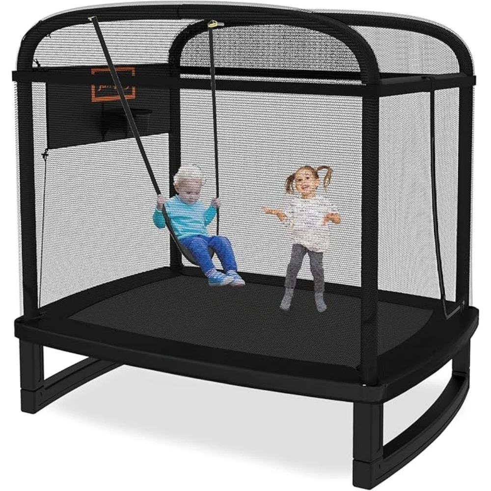 

6FT Trampoline for Kids Trampoline with Swing & Basketball Hoop Rectangle Indoor Outdoor Toddler Trampolines W/ Safety Net