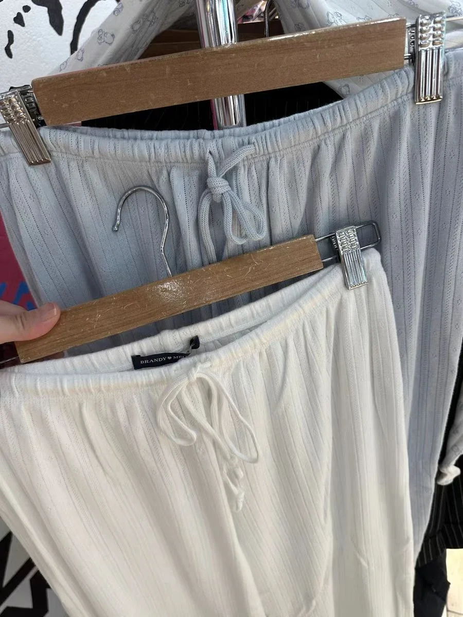 Eyelet Drawstring Straight Long Pants Women Autumn Simple High Waist Cotton Soft Trousers Sweet All-match Home Pajama Pants Y2K