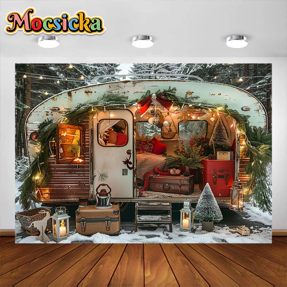 Winter Christmas Car Photography Background Camping Forest Xmas Trees Kids Family Portrait Decor Backdrop Photo Studio Props