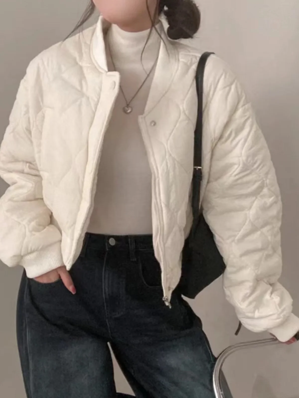 

Women's Cotton Jaet 2024 New Winter Faion ort Baseball Sle Loose Warm Top Rhombus Outerwear Korean Version Long Sve